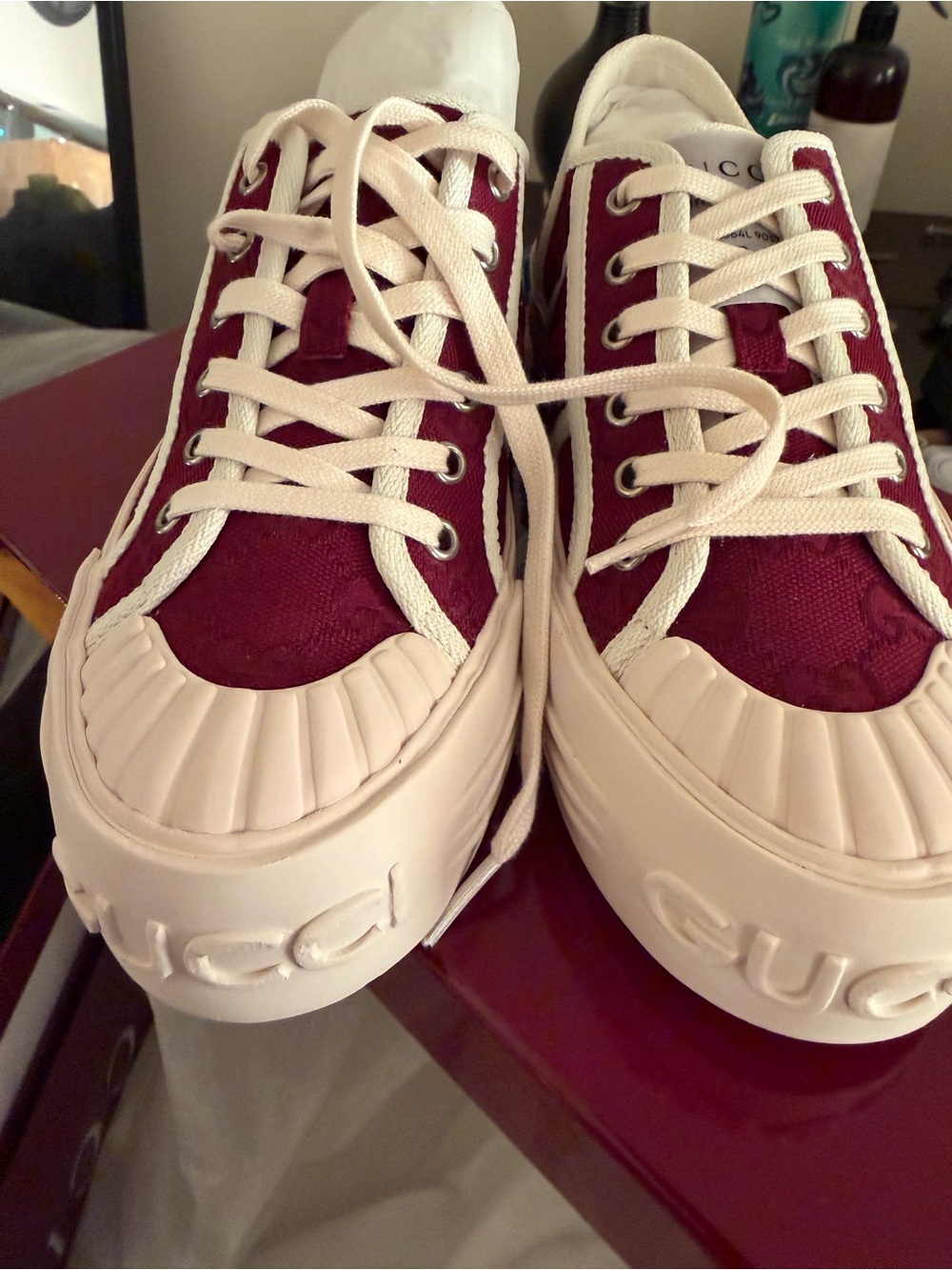 Burgundy Canvas Low-Top Sneakers with Cream Trim - Picture 3 of 12